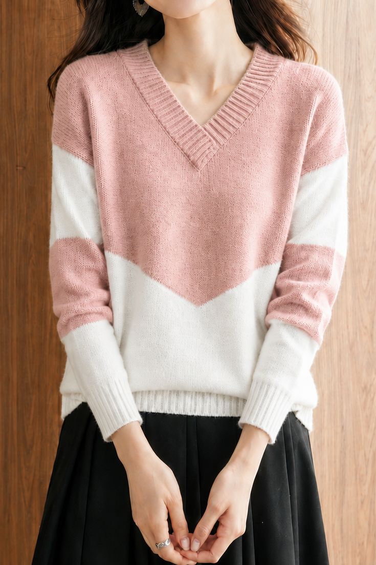 Casual Commuter Color Contrast Deep V-Neck Pullover Knit Top