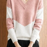 Casual Commuter Color Contrast Deep V-Neck Pullover Knit Top