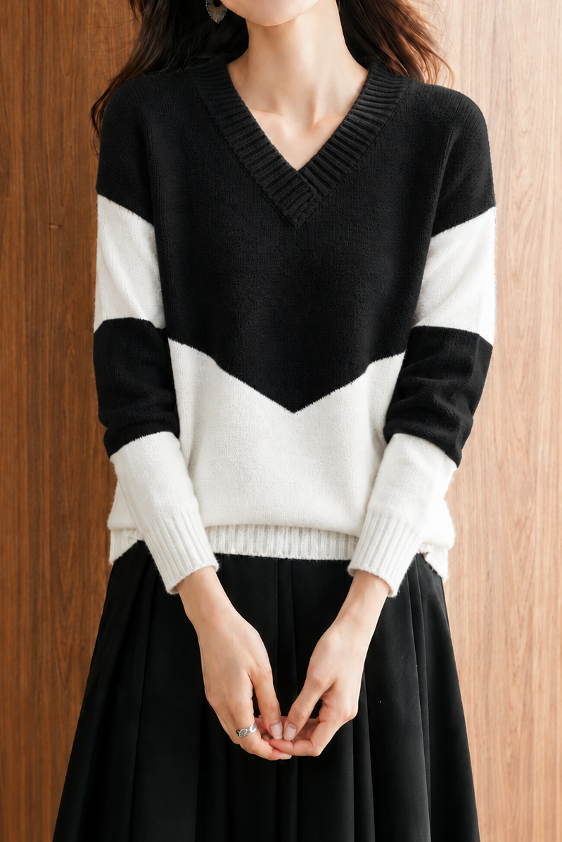 Casual Commuter Color Contrast Deep V-Neck Pullover Knit Top