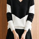 Casual Commuter Color Contrast Deep V-Neck Pullover Knit Top