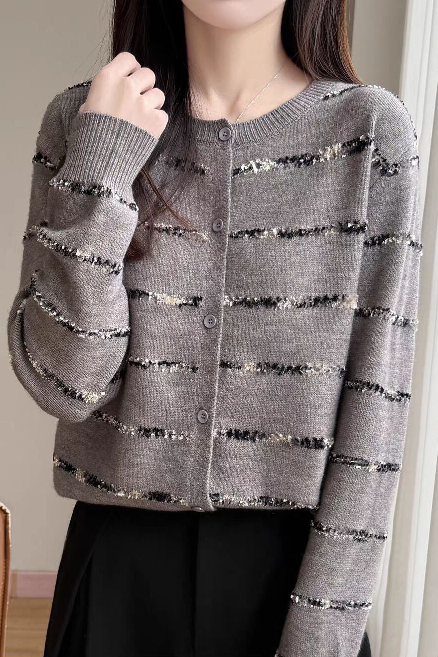 Elegant French Crew Neck Striped Long-Sleeve Knit Cardigan