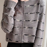 Elegant French Crew Neck Striped Long-Sleeve Knit Cardigan