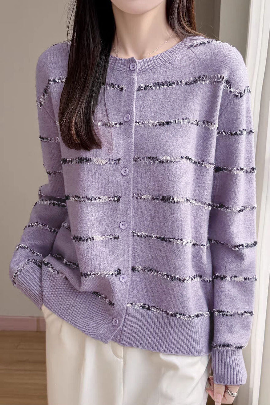 Elegant French Crew Neck Striped Long-Sleeve Knit Cardigan