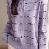 Elegant French Crew Neck Striped Long-Sleeve Knit Cardigan