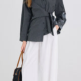 Elegant Casual Lapel Tie Waist Plaid Long-Sleeve Blouse