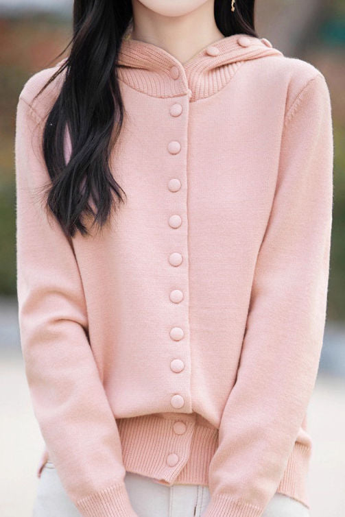 Elegant Commuter Loose Hooded Knit Cardigan With Round Buttons