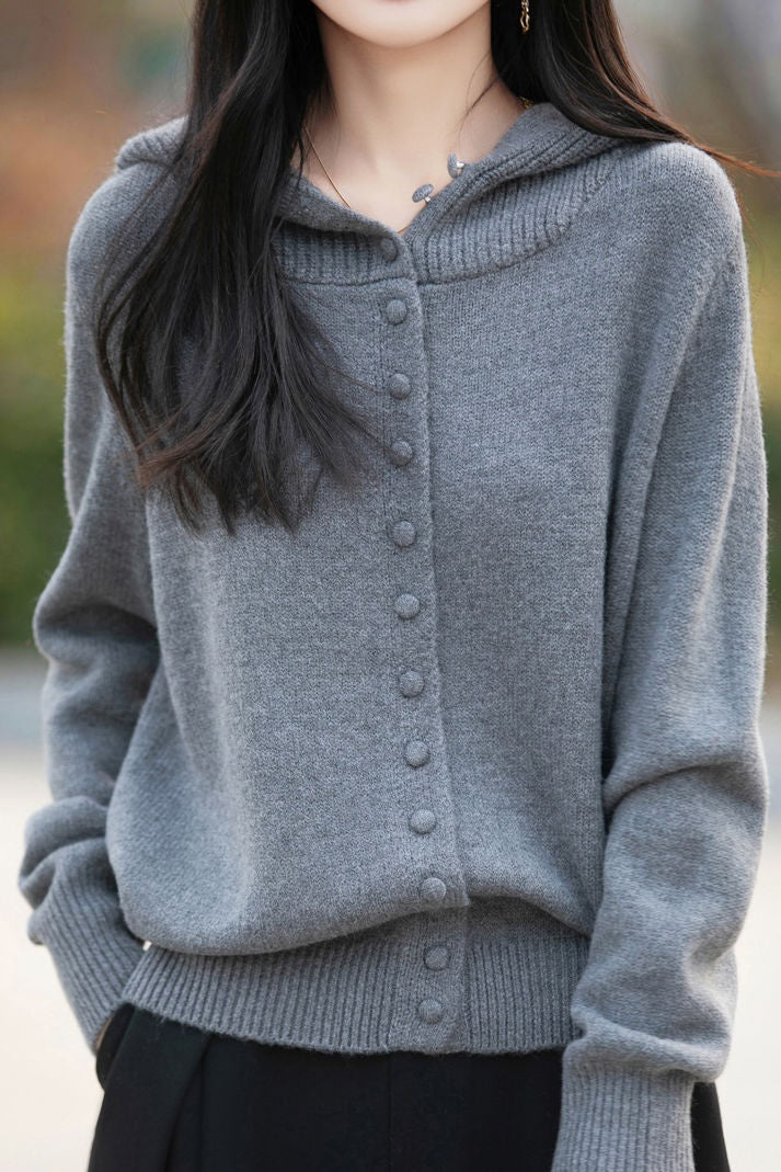 Elegant Commuter Loose Hooded Knit Cardigan With Round Buttons