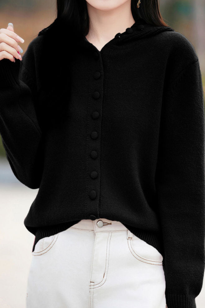 Elegant Commuter Loose Hooded Knit Cardigan With Round Buttons