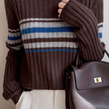 Vintage Commuter Vertical Rib Mock Neck Striped Knit Top