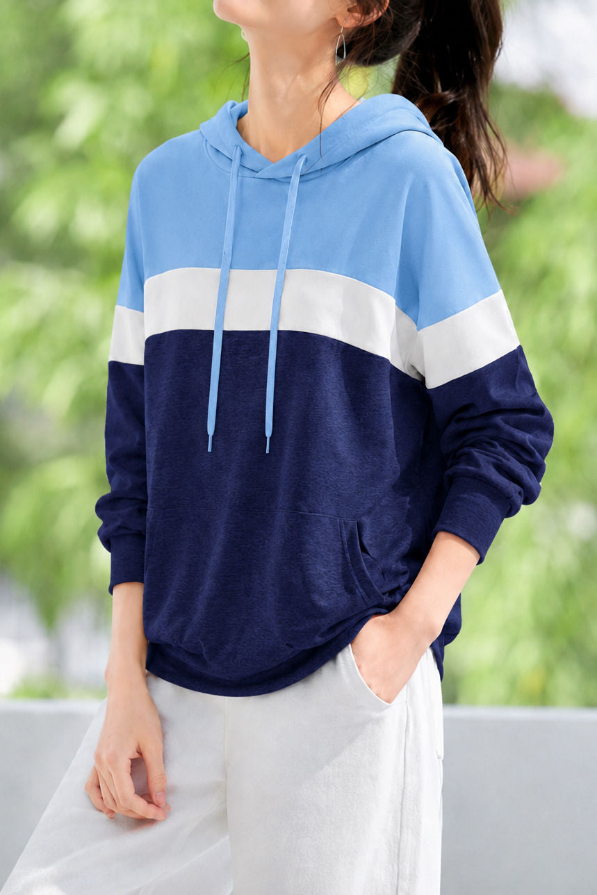 Casual Color-Block Spliced Drawstring Hoodie