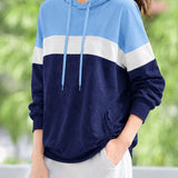 Casual Color-Block Spliced Drawstring Hoodie