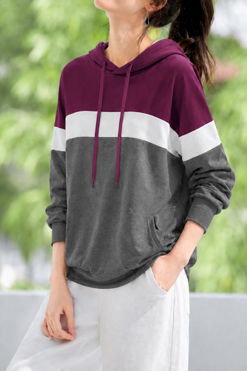 Casual Color-Block Spliced Drawstring Hoodie