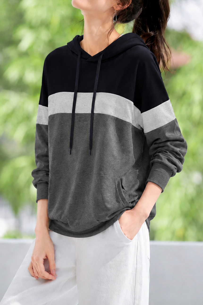 Casual Color-Block Spliced Drawstring Hoodie