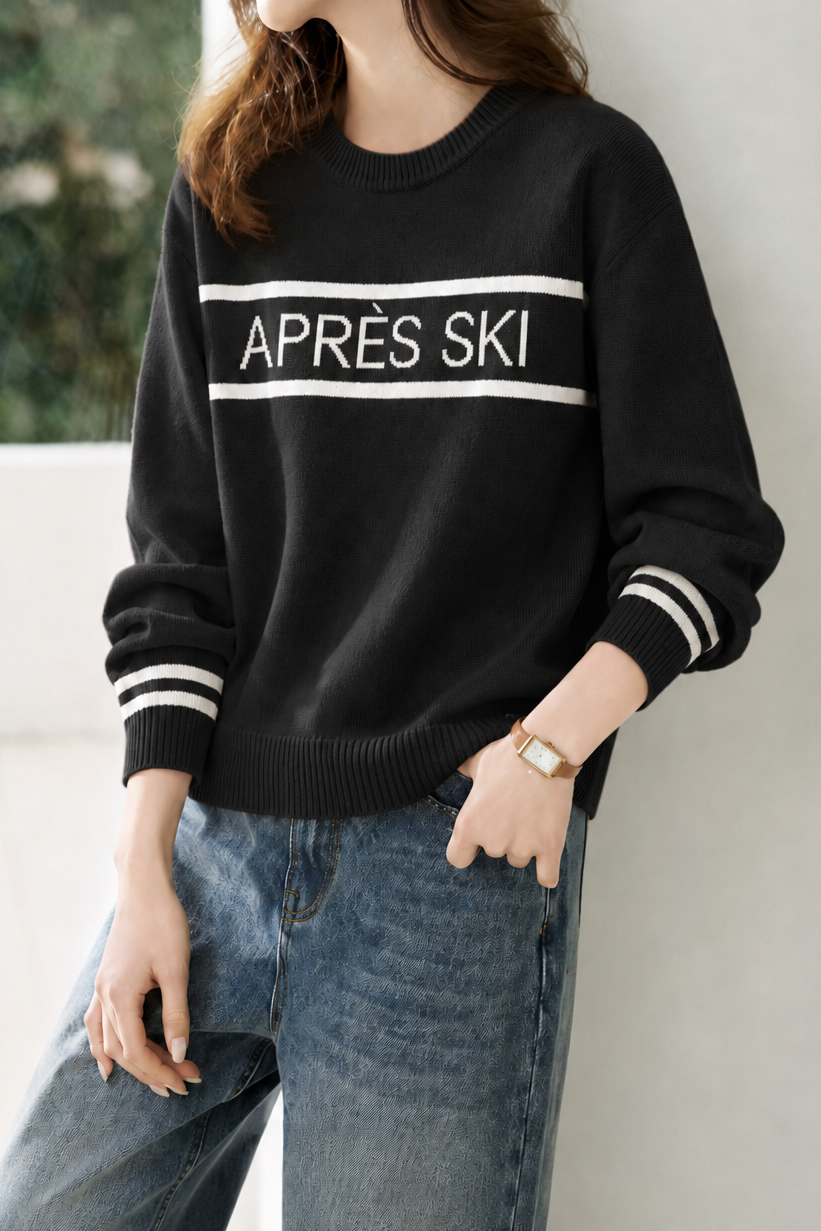 Casual Contrast Stripe Letter Jacquard Knit Top
