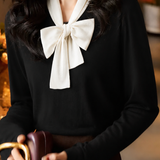 Elegant Knit Top With Contrast Bow Collar