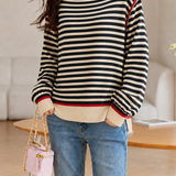 Casual Horizontal Stripe Contrast Knit Top With Side Slits