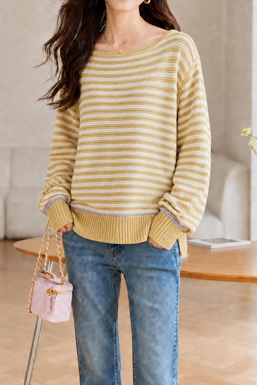 Casual Horizontal Stripe Contrast Knit Top With Side Slits