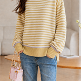Casual Horizontal Stripe Contrast Knit Top With Side Slits