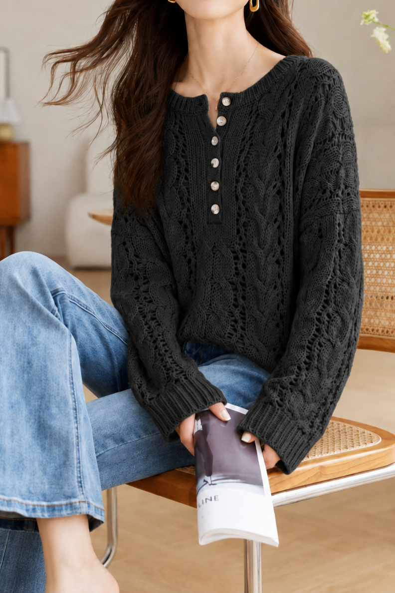 Casual Cable Hollow Half-Placket Knit Top