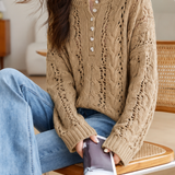 Casual Cable Hollow Half-Placket Knit Top