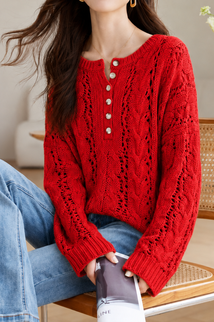 Casual Cable Hollow Half-Placket Knit Top