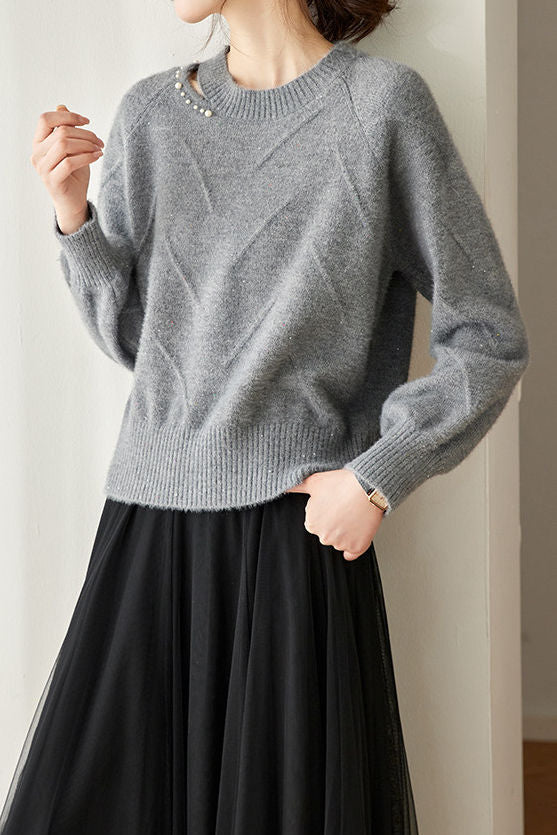 Elegant Commuter Crew Neck Beaded Long Sleeve Knit Top