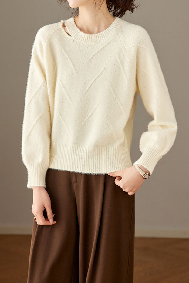 Elegant Commuter Crew Neck Beaded Long Sleeve Knit Top