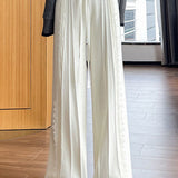 Elegant Casual Knit Wide-Leg Pants With Lace Trim & Drawstring