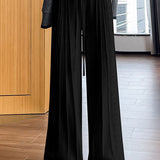 Elegant Casual Knit Wide-Leg Pants With Lace Trim & Drawstring