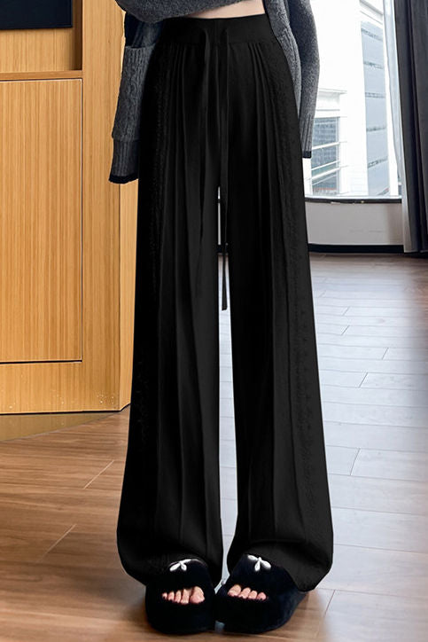 Elegant Casual Knit Wide-Leg Pants With Lace Trim & Drawstring
