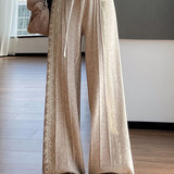 Elegant Casual Knit Wide-Leg Pants With Lace Trim & Drawstring
