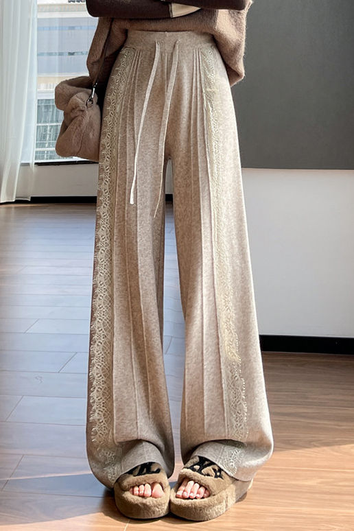 Elegant Casual Knit Wide-Leg Pants With Lace Trim & Drawstring