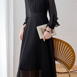 French Elegant Crew Neck Waist-Cinched Three-Quarter Sleeve Chiffon Dress