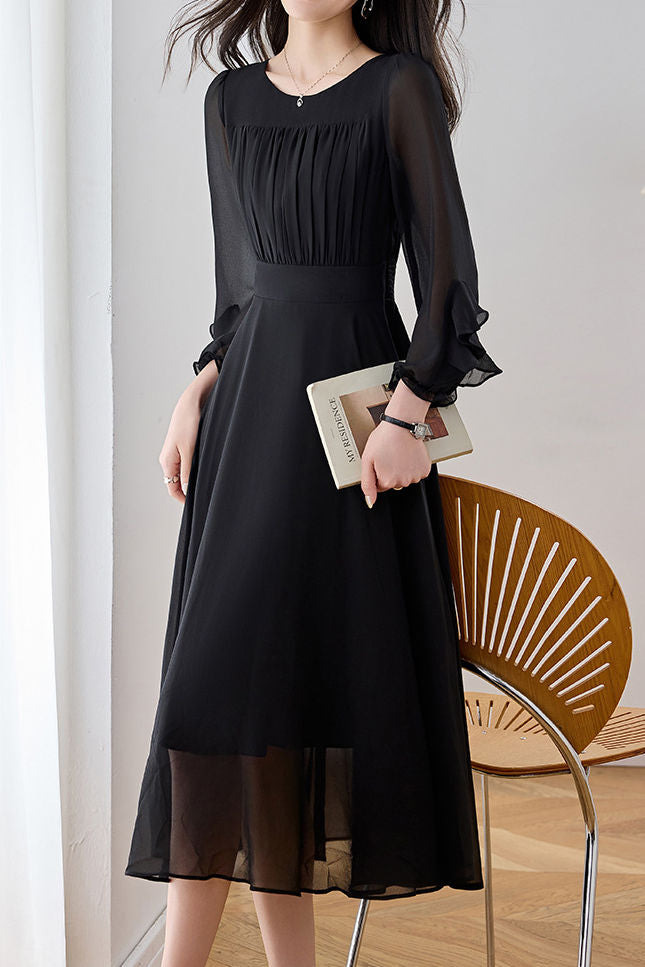 French Elegant Crew Neck Waist-Cinched Three-Quarter Sleeve Chiffon Dr – liwisi