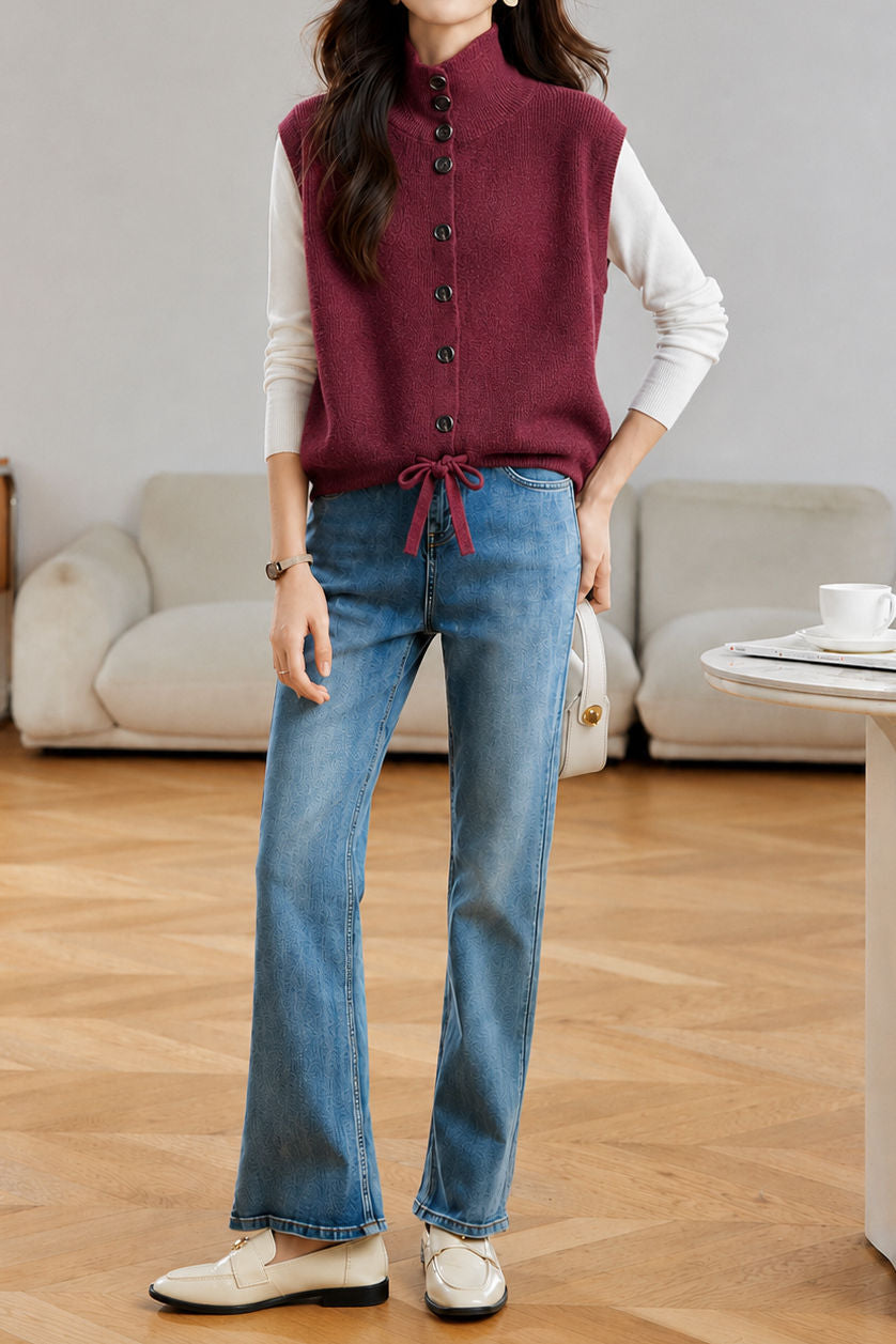 Gentle Commuter Lapel Single-Breasted Drawstring Hem Knit Vest
