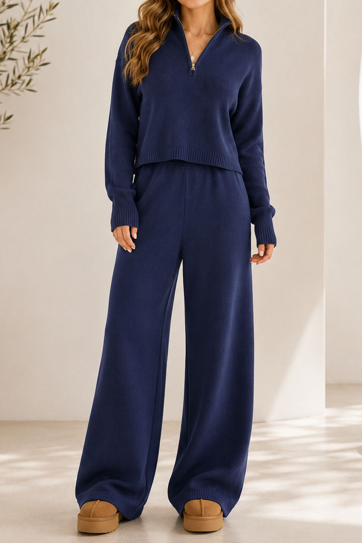 Casual Elegant Two-Piece Set: Half-Zip Long Sleeve Knit Top & Wide-Leg Pants