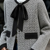 Elegant Commuter Crew Neck Tie & Button Long Sleeve Coat