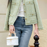 French Elegant Crew Neck Tweed Woven Long Sleeve Jacket