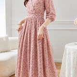 Elegant Soft V-Neck Polka Dot Waisted Three-Quarter Sleeve Dress