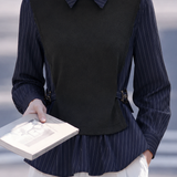 Elegant Commuter Navy Striped Fake Two-Piece Shirt