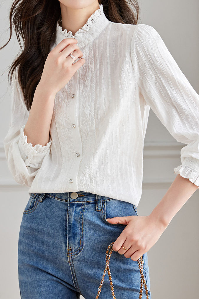 Elegant Vertical Embroidery Hollow Out Shirt