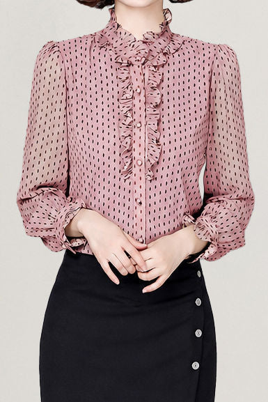 Elegant Crinkled Polka Dot Ruffled Blouse