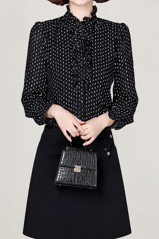 Elegant Crinkled Polka Dot Ruffled Blouse