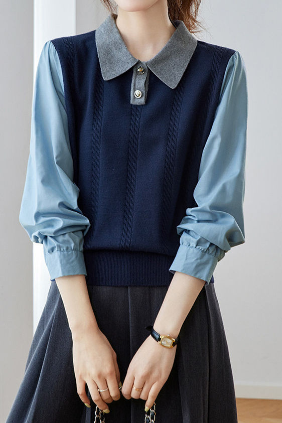 Casual Fake Two-Piece Cable Spliced Knit Top