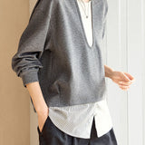 Casual Fake Two-Piece Hoodie With Striped Hem Splicing