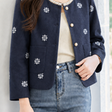 Elegant Chunky Knit Jacket With Pearl Ornaments & Snowflake Embroidery