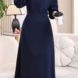 Elegant Commuter Midi Crew Neck Dress With Buttons & Waist Tie