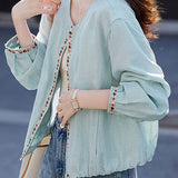 Elegant Commuter Crew Neck Zip Long-Sleeve Coat With Beaded Details
