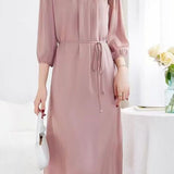 Elegant Crew Neck Long-Sleeve Dress With Tie Waist