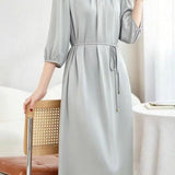 Elegant Crew Neck Long-Sleeve Dress With Tie Waist